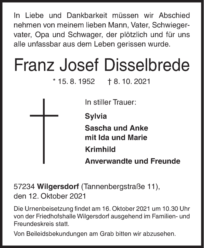  Traueranzeige für Franz Josef Disselbrede vom 12.10.2021 aus Siegener Zeitung