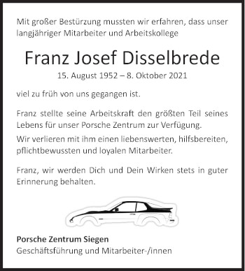 Traueranzeige von Franz Josef Disselbrede von Siegener Zeitung