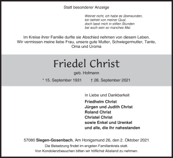 Traueranzeige von Friedel Christ von Siegener Zeitung