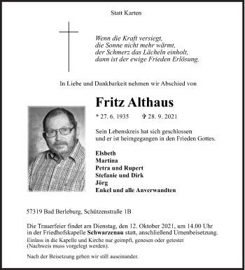 Traueranzeige von Fritz Althaus von Siegener Zeitung