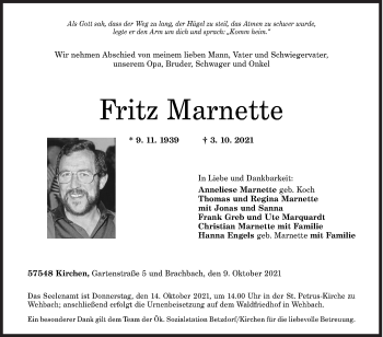 Traueranzeige von Fritz Marnette von Siegener Zeitung
