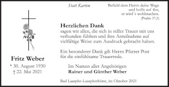 Traueranzeige von Fritz Weber von Siegener Zeitung