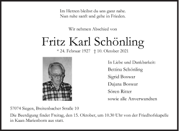 Traueranzeige von Fritz Karl Schönling von Siegener Zeitung