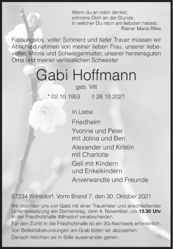 Traueranzeige von Gabi Hoffmann von Siegener Zeitung