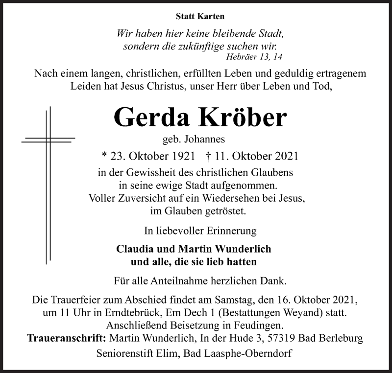  Traueranzeige für Gerda Kröber vom 14.10.2021 aus Siegener Zeitung