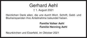 Traueranzeige von Gerhard Aehl von Siegener Zeitung