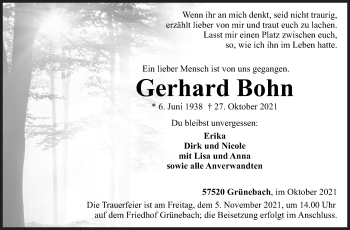 Traueranzeige von Gerhard Bohn von Siegener Zeitung