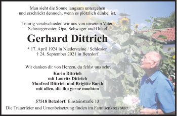 Traueranzeige von Gerhard Dittrich von Siegener Zeitung