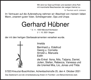 Traueranzeige von Gerhard Hübner von Siegener Zeitung