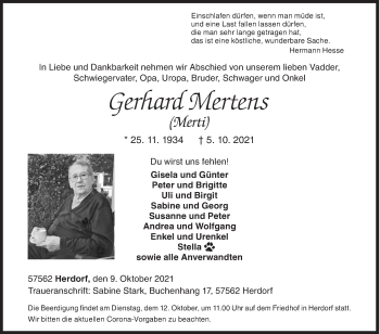 Traueranzeige von Gerhard Mertens von Siegener Zeitung