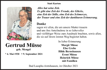 Traueranzeige von Gertrud Müsse von Siegener Zeitung