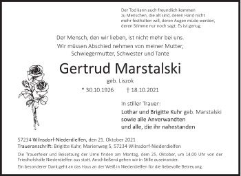 Traueranzeige von GertrudGertrud Marstalski von Siegener Zeitung