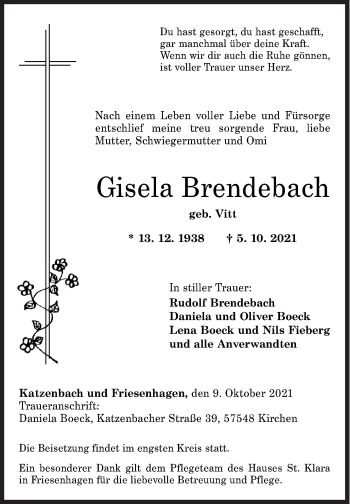 Traueranzeige von Gisela Brendebach von Siegener Zeitung