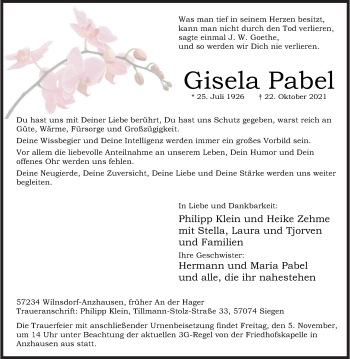 Traueranzeige von Gisela Pabel von Siegener Zeitung