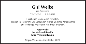 Traueranzeige von Gisi Welke von Siegener Zeitung