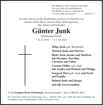 Traueranzeige von Günter Junk von Siegener Zeitung