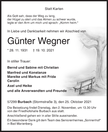 Traueranzeige von Günter Wegner von Siegener Zeitung