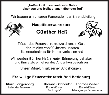 Traueranzeige von Günther Heß von Siegener Zeitung