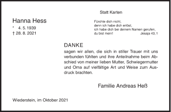Traueranzeige von Hanna Hess von Siegener Zeitung