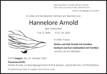 Traueranzeige von Hannelore Arnold von Siegener Zeitung