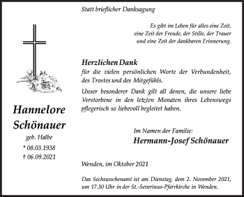 Traueranzeige von Hannelore Schönauer von Siegener Zeitung