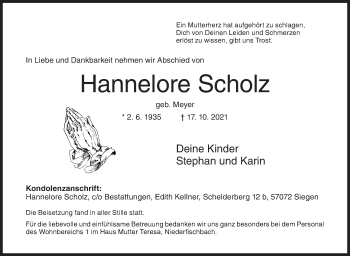 Traueranzeige von Hannelore Scholz von Siegener Zeitung