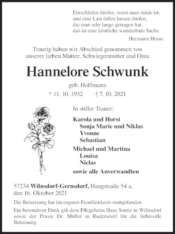Traueranzeige von Hannelore Schwunk von Siegener Zeitung