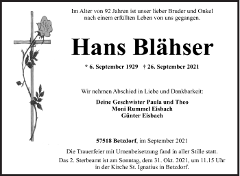 Traueranzeige von Hans Blähser von Siegener Zeitung