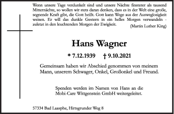 Traueranzeige von Hans Wagner von Siegener Zeitung