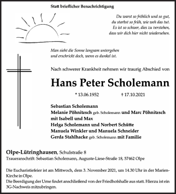 Traueranzeige von Hans Peter Scholemann von Siegener Zeitung
