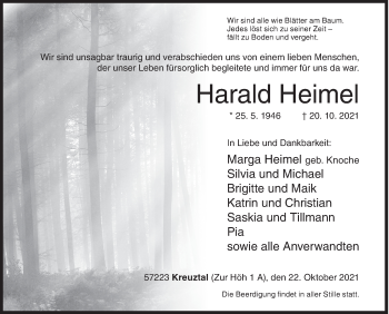 Traueranzeige von Harald Heimel von Siegener Zeitung