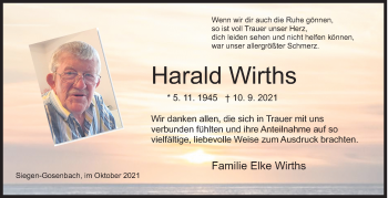 Traueranzeige von Harald Wirths von Siegener Zeitung