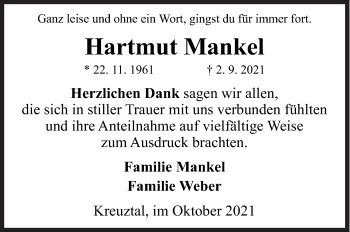 Traueranzeige von Hartmut Mankel von Siegener Zeitung