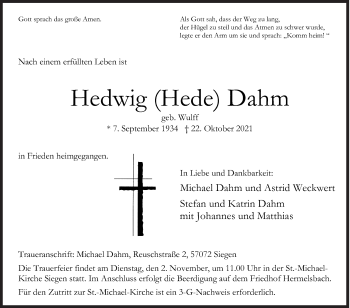Traueranzeige von Hedwig Dahm von Siegener Zeitung