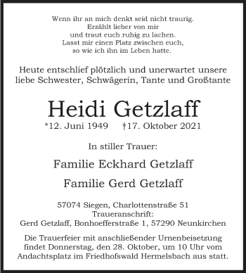 Traueranzeige von Heidi Getzlaff von Siegener Zeitung