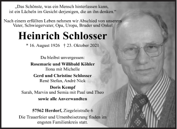Traueranzeige von Heinrich Schlosser von Siegener Zeitung