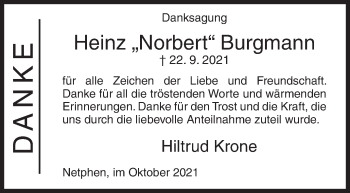 Traueranzeige von Heinz Burgmann von Siegener Zeitung