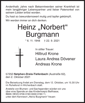 Traueranzeige von Heinz Burgmann von Siegener Zeitung