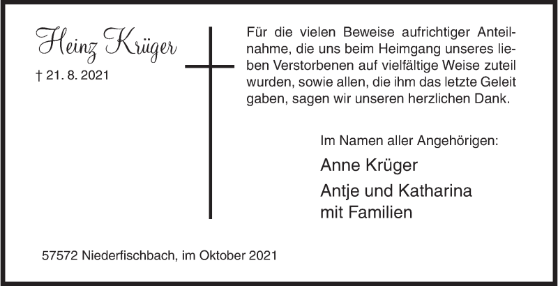  Traueranzeige für Heinz Krüger vom 09.10.2021 aus Siegener Zeitung
