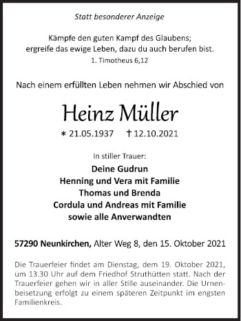Traueranzeige von Heinz Müller von Siegener Zeitung