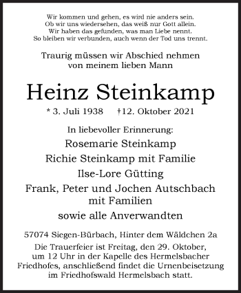 Traueranzeige von Heinz Steinkamp von Siegener Zeitung