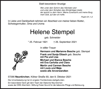Traueranzeige von Helene Stempel von Siegener Zeitung