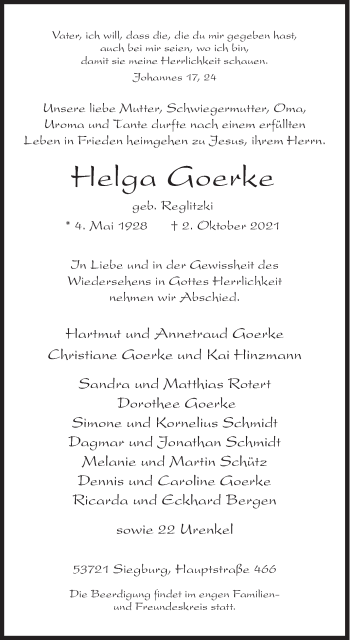 Traueranzeige von Helga Goerke von Siegener Zeitung