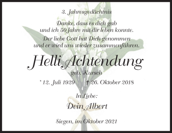 Traueranzeige von Helli Achtendung von Siegener Zeitung