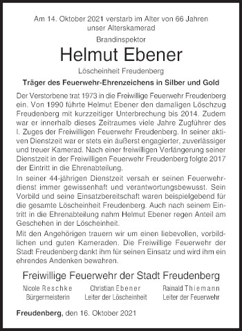 Traueranzeige von Helmut Ebener von Siegener Zeitung