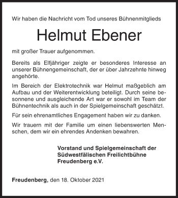 Traueranzeige von Helmut Ebener von Siegener Zeitung