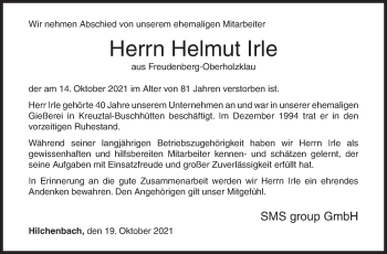 Traueranzeige von Helmut Irle von Siegener Zeitung