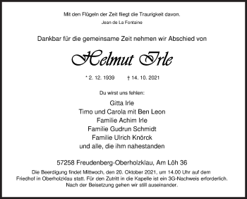 Traueranzeige von Helmut Irle von Siegener Zeitung