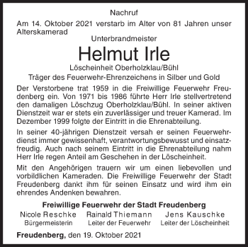 Traueranzeige von Helmut Irle von Siegener Zeitung