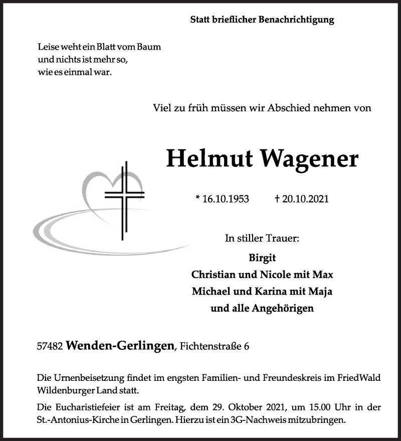  Traueranzeige für Helmut Wagener vom 26.10.2021 aus Siegener Zeitung